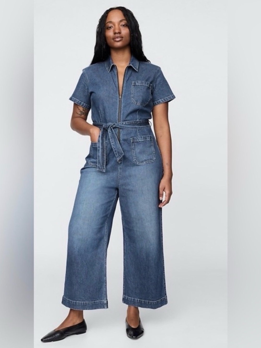 Gap zip front wide leg belted denim jumpsuit coveralls boiler suit 10 P